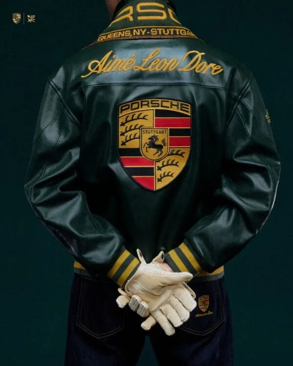 Porsche Premium Dark Green Genuine Leather Bomber Jacket with Embroidered Logo