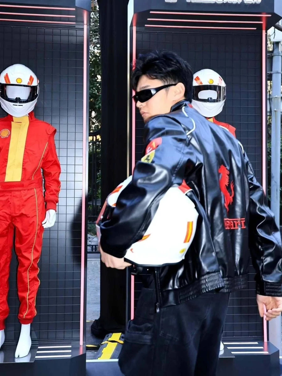 Black Ferrari Racing Leather Jacket – Premium Genuine Leather Motorsport Bomber