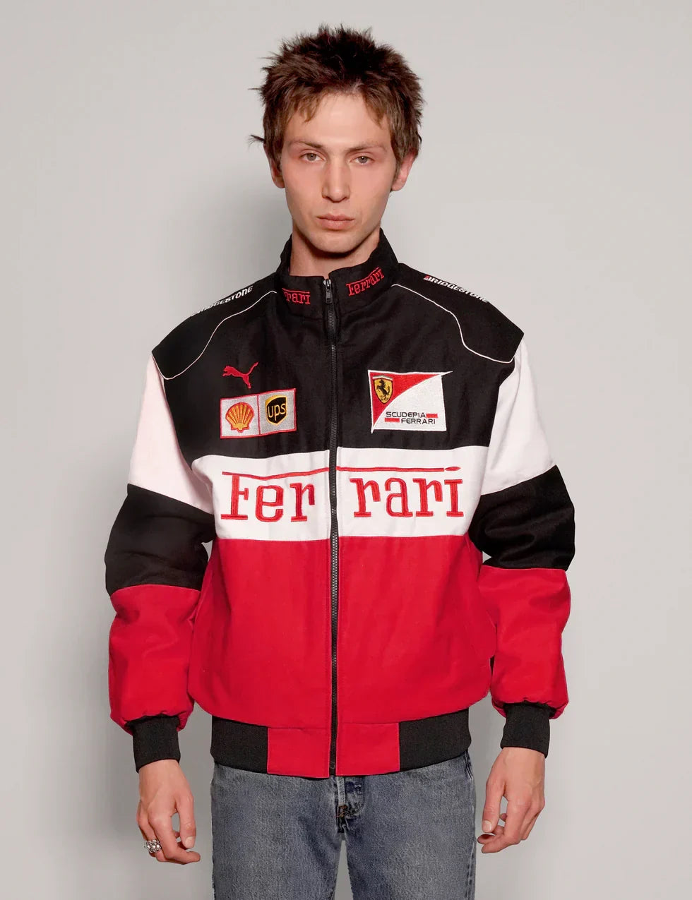 Trendhipe Tri-Color Ferrari Racing Jacket – Red/White/Black Motorsport Style