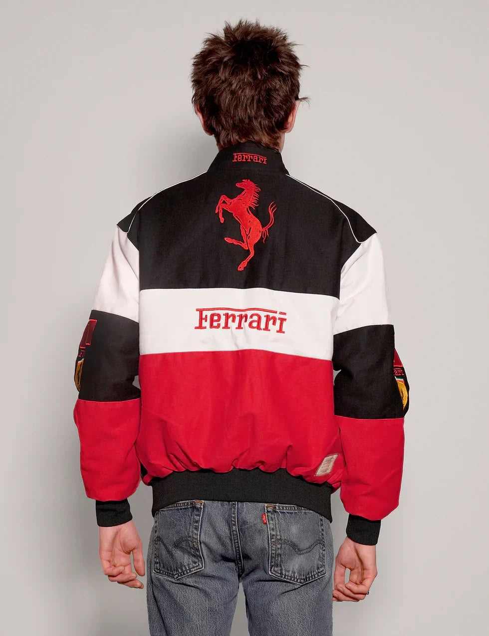 Trendhipe Tri-Color Ferrari Racing Jacket – Red/White/Black Motorsport Style