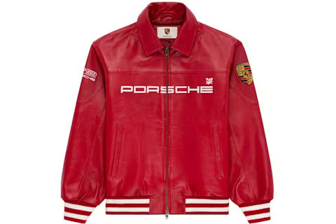 Aimé Leon Dore x Porsche Red Genuine Leather Bomber Jacket – Premium Racing Style
