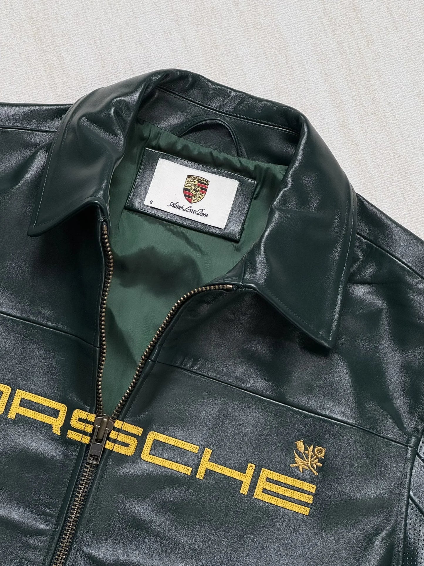 Porsche Premium Dark Green Genuine Leather Bomber Jacket with Embroidered Logo