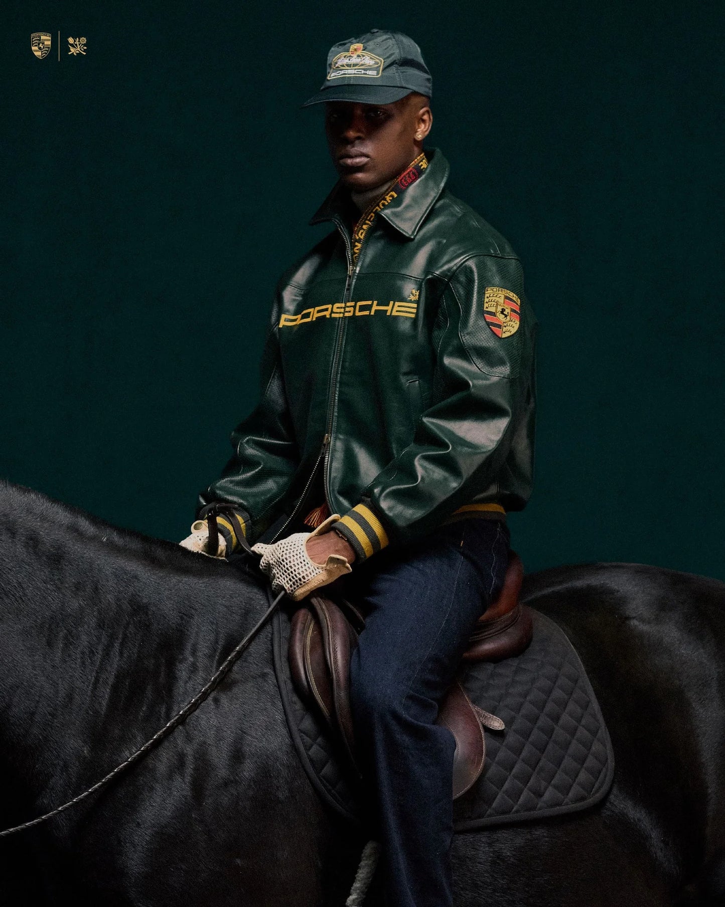 Porsche Premium Dark Green Genuine Leather Bomber Jacket with Embroidered Logo