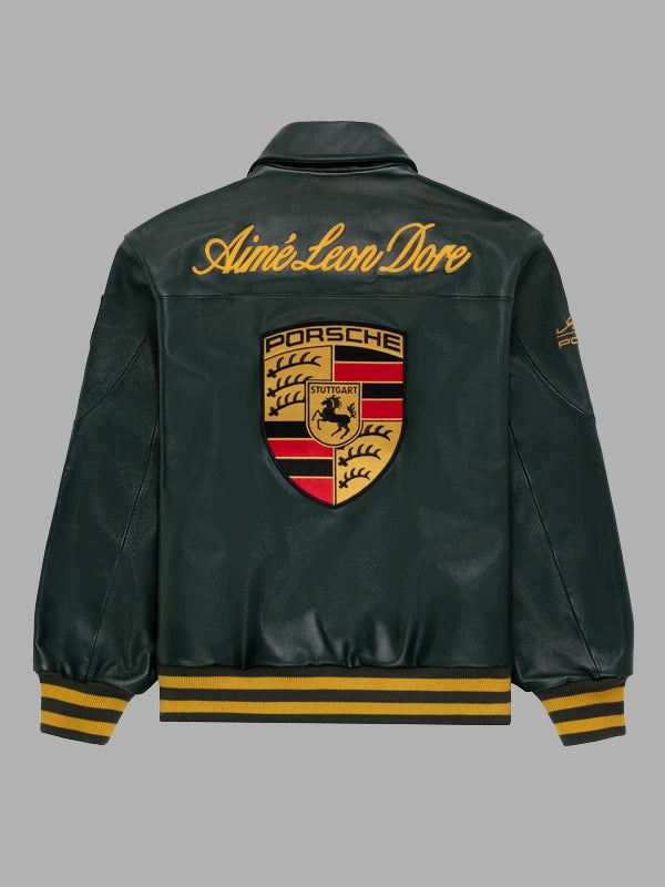 Porsche Premium Dark Green Genuine Leather Bomber Jacket with Embroidered Logo