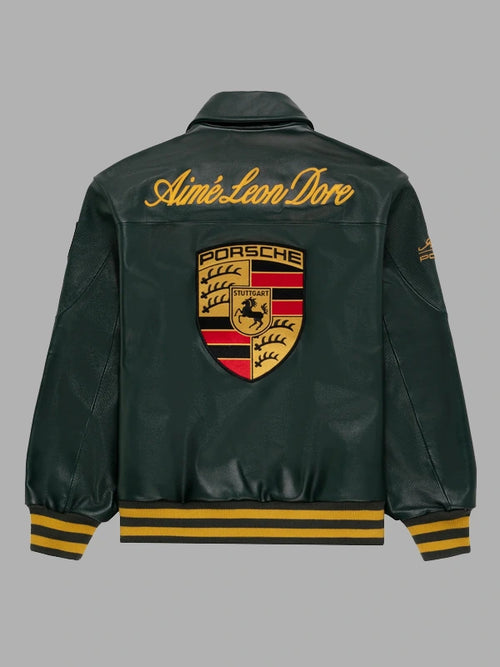 Dark Green Porsche Leather Jacket with - Embroidered Logo
