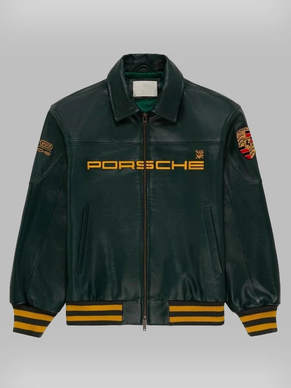 Porsche Premium Dark Green Genuine Leather Bomber Jacket with Embroidered Logo