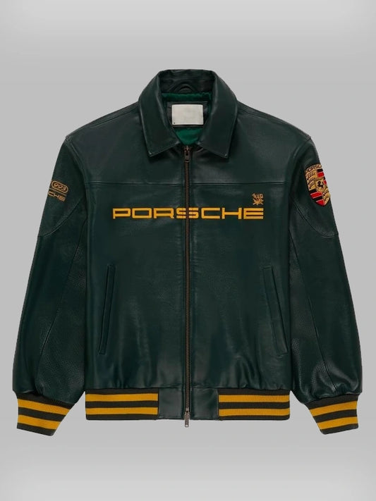 Porsche Premium Dark Green Genuine Leather Bomber Jacket with Embroidered Logo