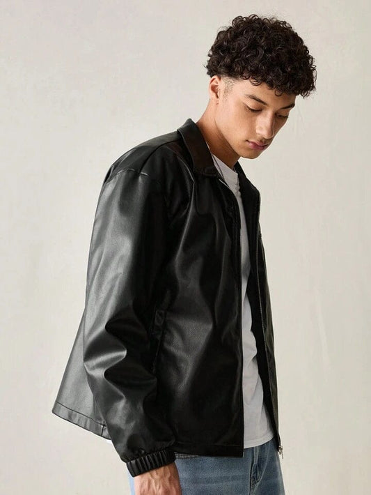 Trendhipe Men’s Black Faux Leather Jacket – Classic Zip-Up Streetwear Style