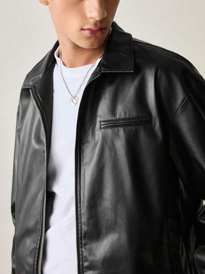 Trendhipe Men’s Black Faux Leather Jacket – Classic Zip-Up Streetwear Style