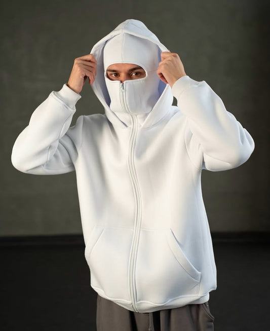 Trendhipe White Balaclava Hoodie – Streetwear Masked Pullover for Men & Women