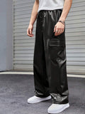 Trendhipe Men’s Black Faux Leather Cargo Pants – Streetwear Wide-Leg Trousers