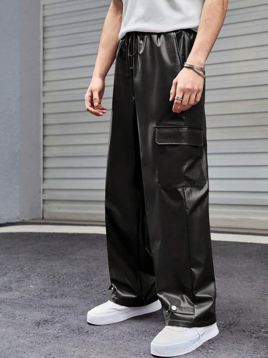 Trendhipe Men’s Black Faux Leather Cargo Pants – Streetwear Wide-Leg Trousers