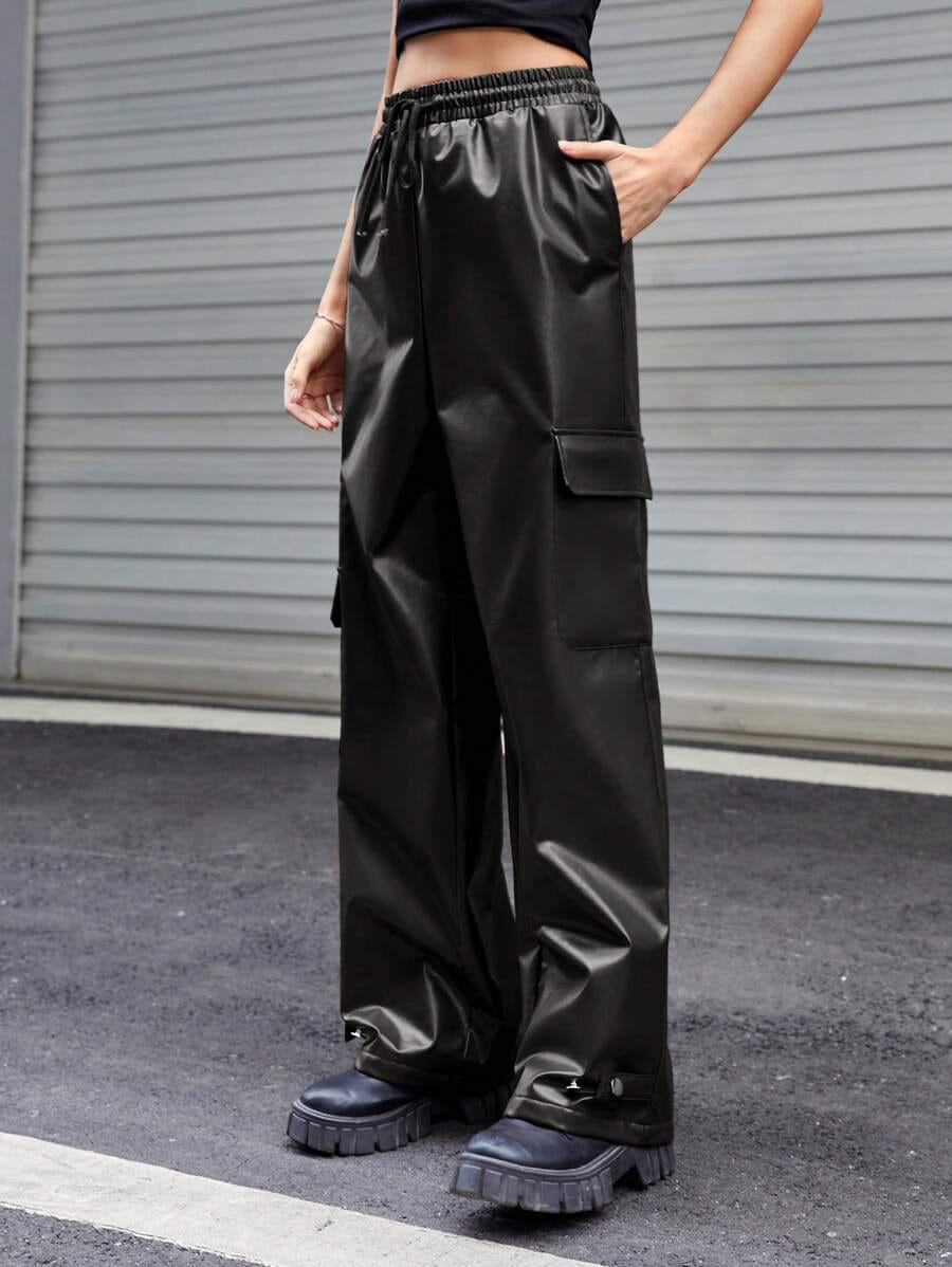 Trendhipe Men’s Black Faux Leather Cargo Pants – Streetwear Wide-Leg Trousers