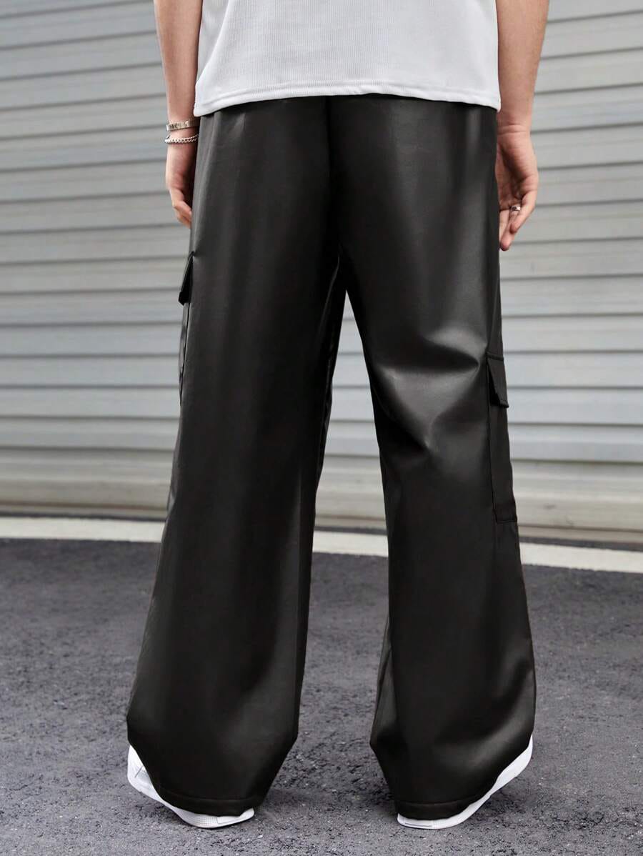 Trendhipe Men’s Black Faux Leather Cargo Pants – Streetwear Wide-Leg Trousers