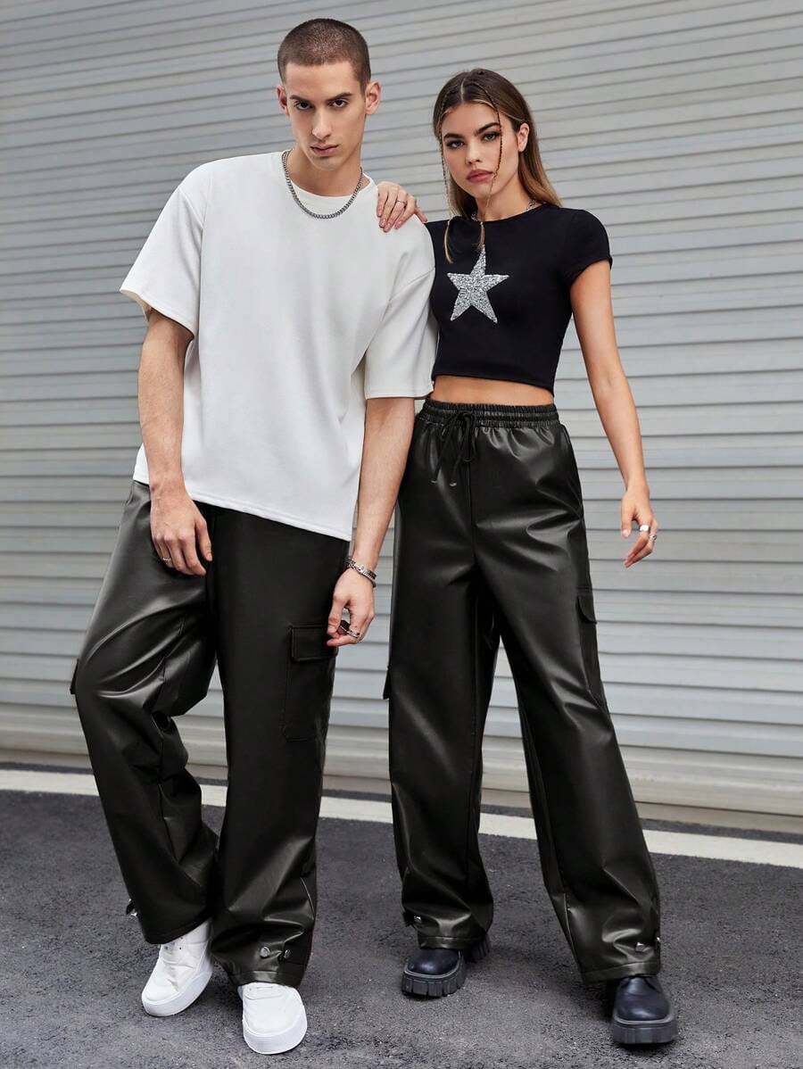 Trendhipe Men’s Black Faux Leather Cargo Pants – Streetwear Wide-Leg Trousers