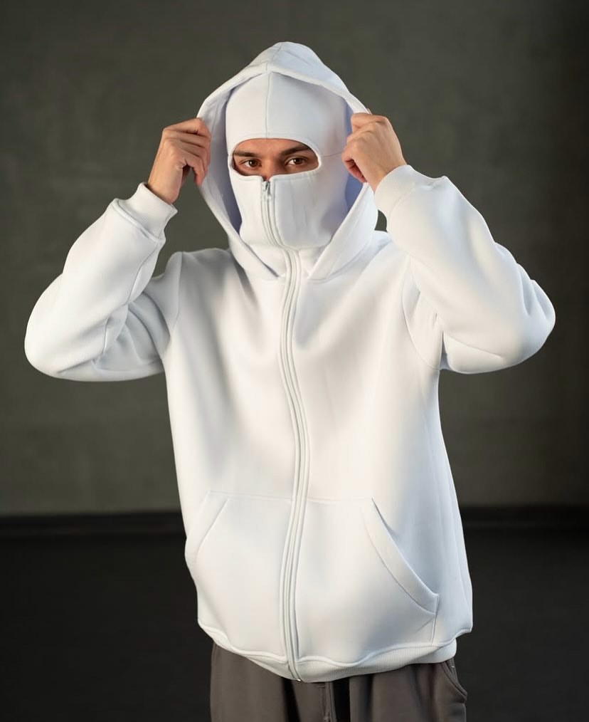 Trendhipe White Balaclava Hoodie – Streetwear Masked Pullover for Men & Women