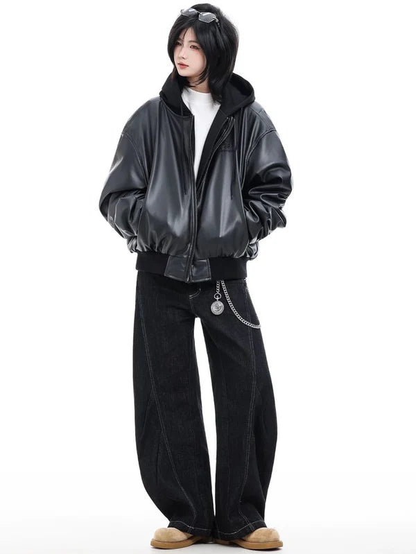 Leather Hooded Zip-Up Jacket | Unisex Streetwear