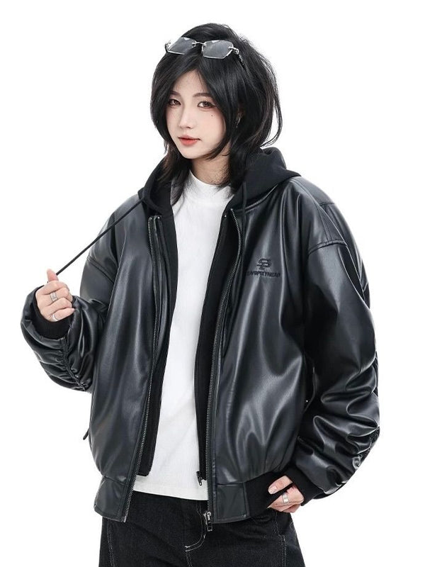 Leather Hooded Zip-Up Jacket | Unisex Streetwear