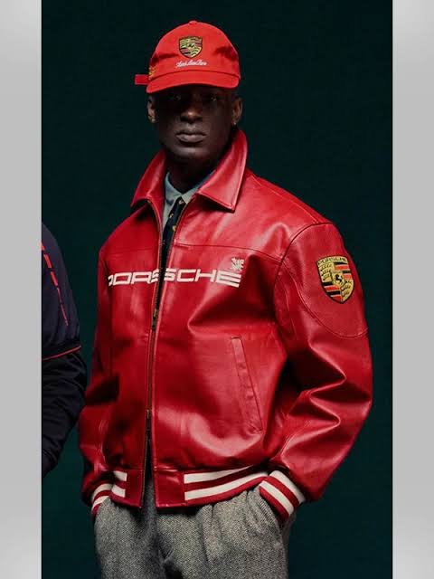 Aimé Leon Dore x Porsche Red Genuine Leather Bomber Jacket – Premium Racing Style