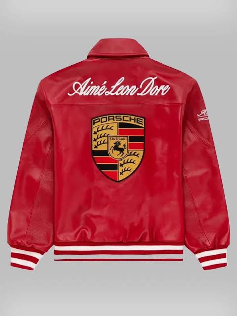 Aimé Leon Dore x Porsche Red Genuine Leather Bomber Jacket – Premium Racing Style