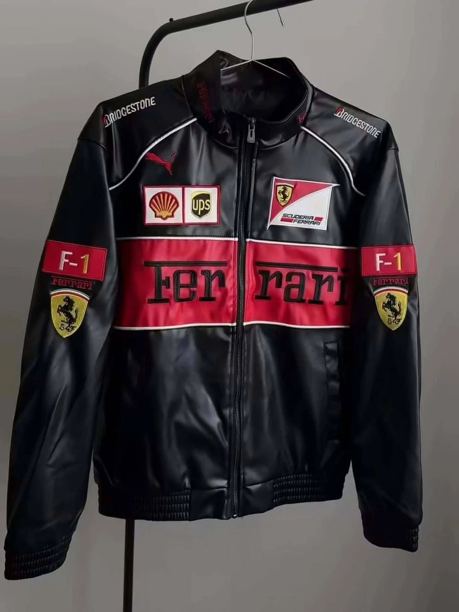 Black Ferrari Racing Leather Jacket – Premium Genuine Leather Motorsport Bomber