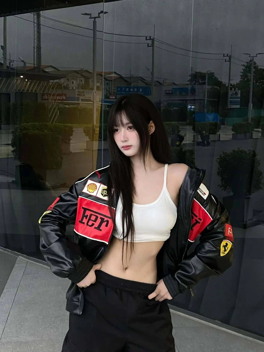 Black Ferrari Racing Leather Jacket – Premium Genuine Leather Motorsport Bomber