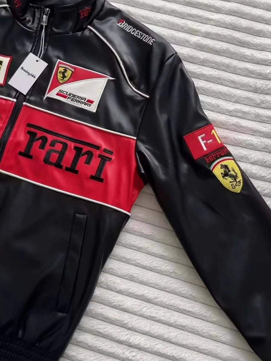 Black Ferrari Racing Leather Jacket – Premium Genuine Leather Motorsport Bomber