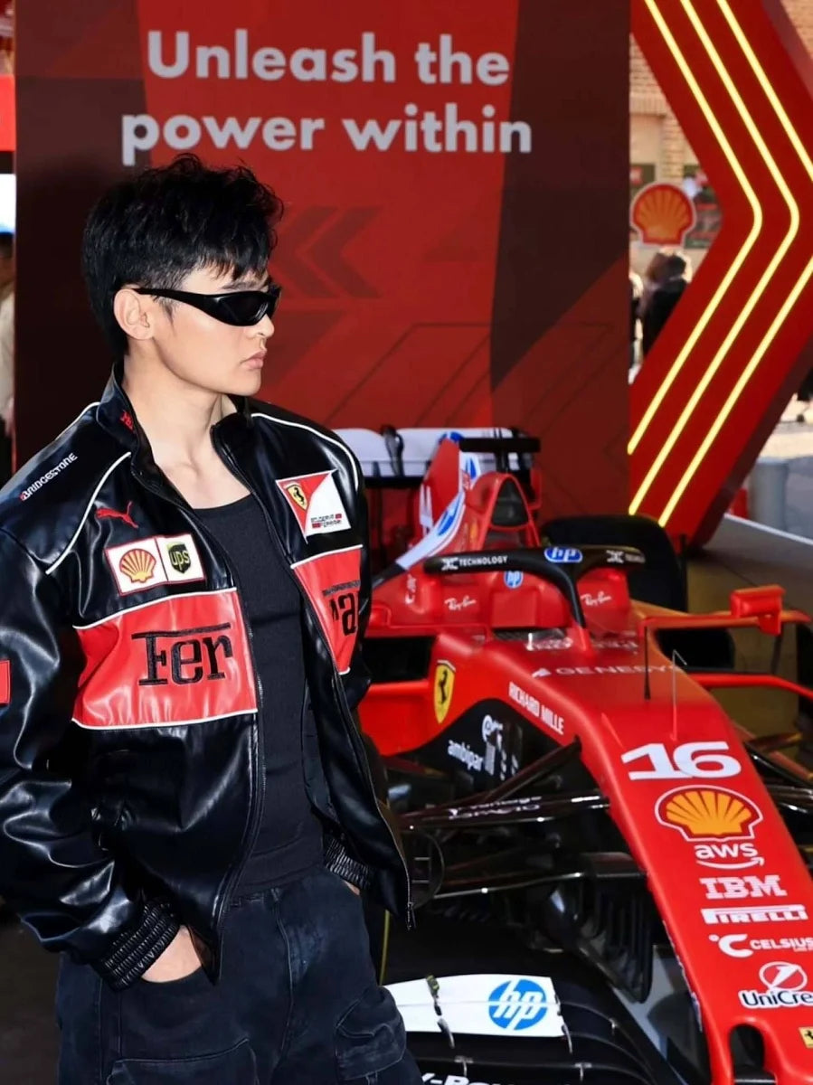 Black Ferrari Racing Leather Jacket – Premium Genuine Leather Motorsport Bomber